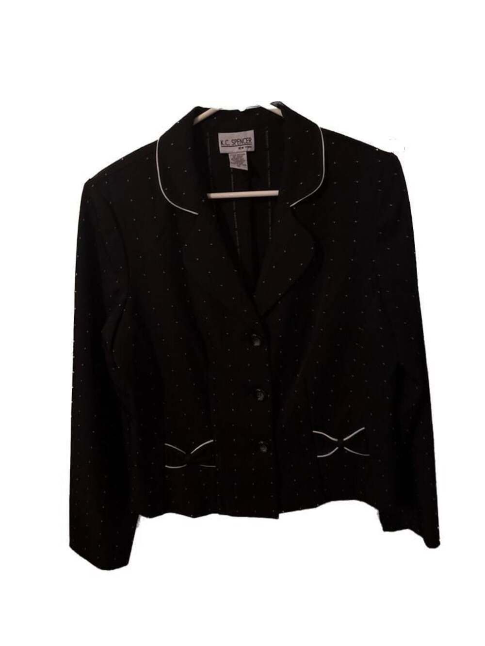 K.C. Spencer New York Black Pinstripe Blazer Jacket with White Trim Size 12